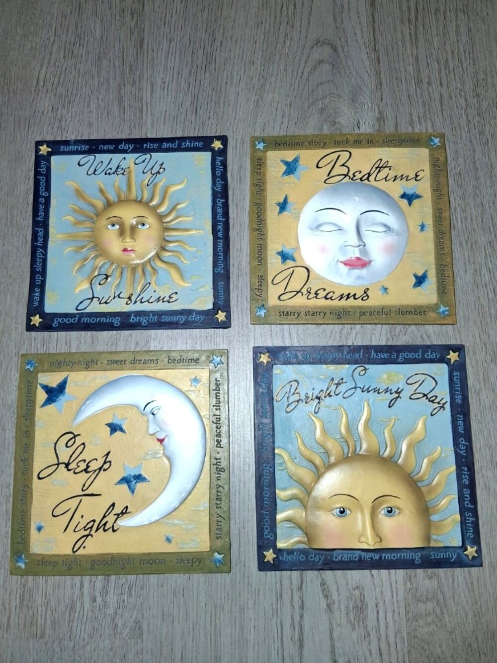 Vintage Set of 4 Celestial Sun Moon and Stars Hanging Wall Plaques Tiles Signs